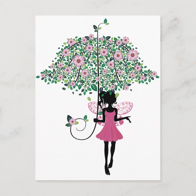 Carte Postale Fée avec parapluie floral (Devant)