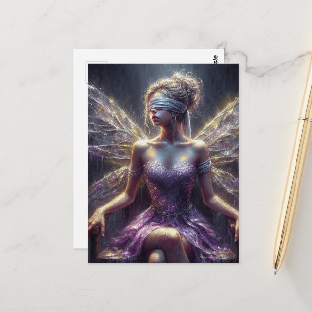 Carte Postale Fée avec un bandeau sur son trône (Devant/Arrière en situation)