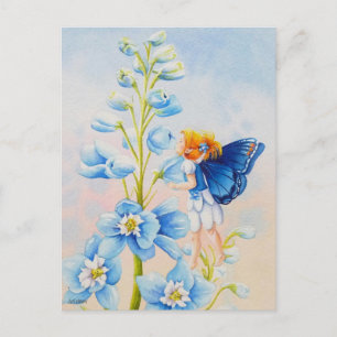 Carte Postale Fée bleue sur l'aquarelle de la fleur de Delphiniu
