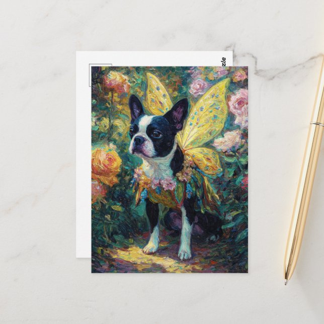 Carte Postale Fée Boston Terrier dans un jardin de roses (Devant/Arrière en situation)