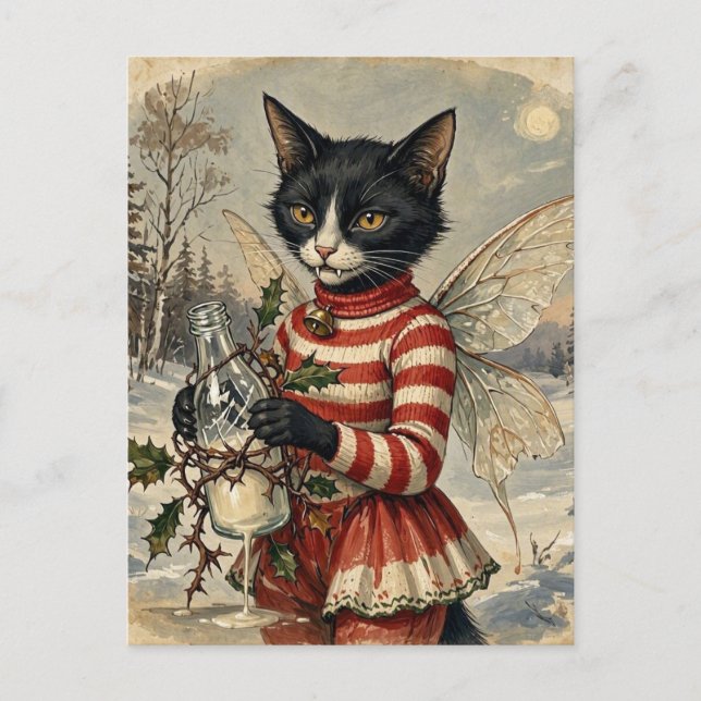 Carte Postale Fée Chat Noir Vampire Noël Rétro Adorable (Devant)
