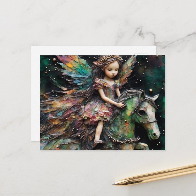Carte Postale Fée chevauchant son poney vert (Devant/Arrière en situation)