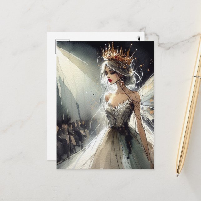 Carte Postale Fée dans un défilé de mode aquarelle (Devant/Arrière en situation)