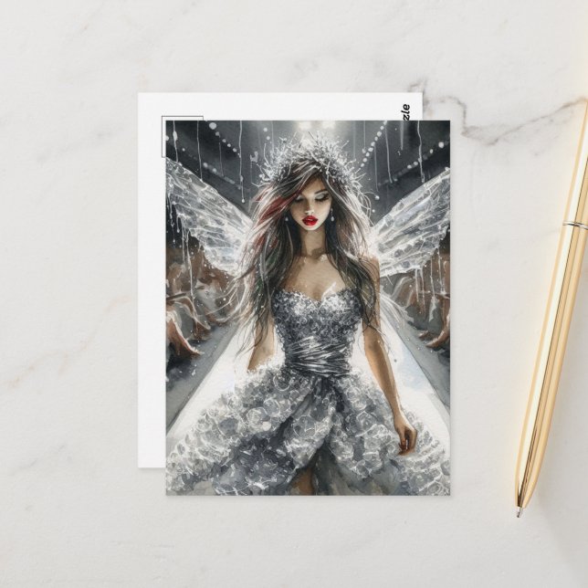 Carte Postale Fée dans un défilé de mode aquarelle (Devant/Arrière en situation)