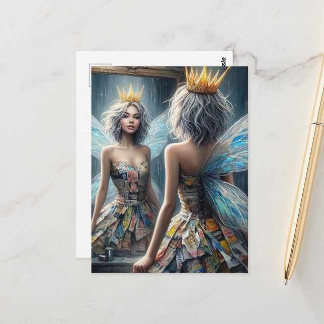 Carte Postale Fée dans une robe de journal Recyclée (Devant/Arrière en situation)