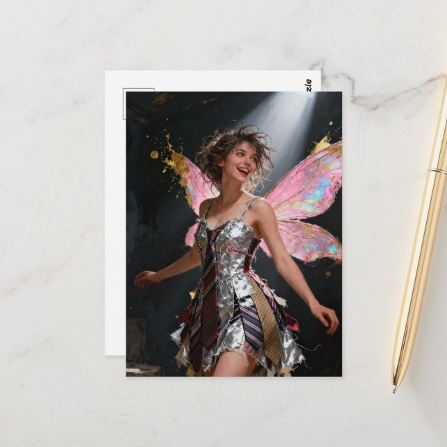 Carte Postale Fée dans une robe en cravates recyclées (Devant/Arrière en situation)