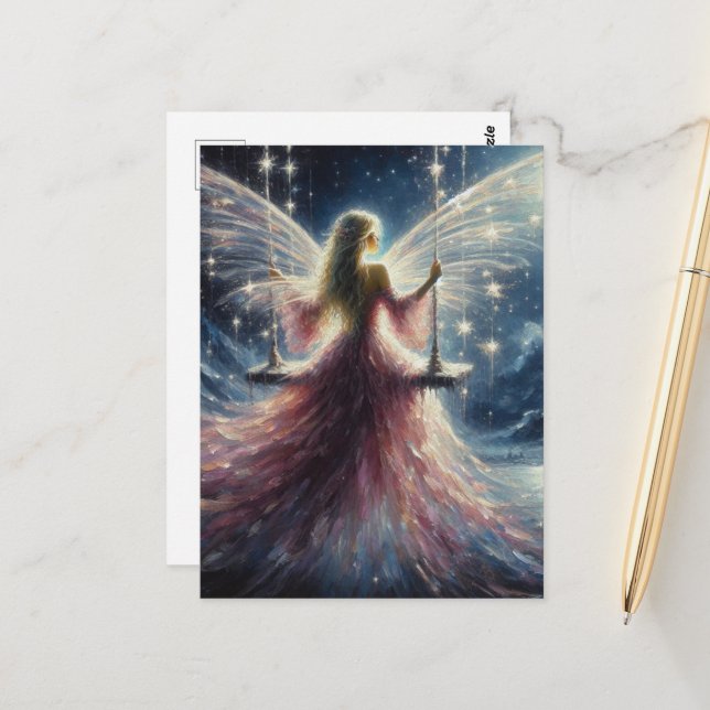 Carte Postale Fée dans une robe rose sur un swing (Devant/Arrière en situation)
