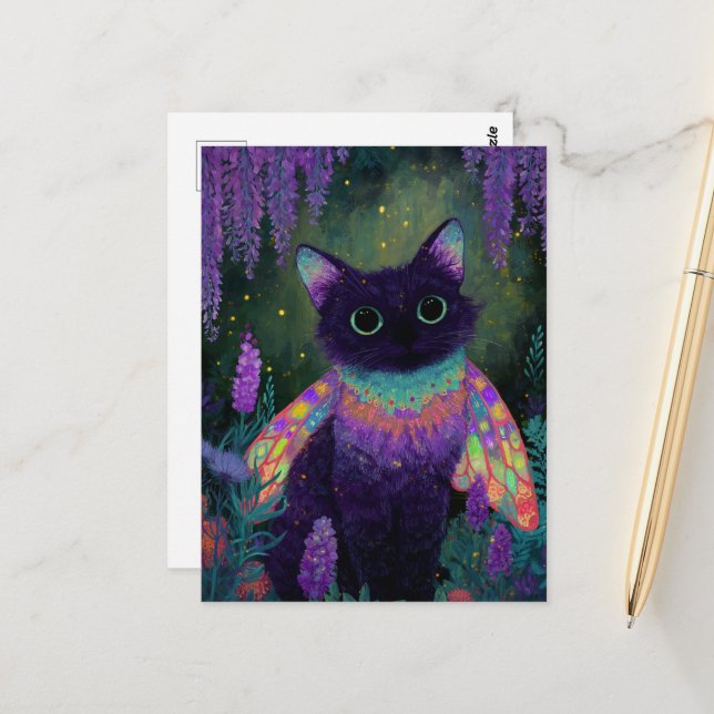 Carte Postale Fée de chat noir drôle adorable (Devant/Arrière en situation)