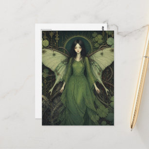 Carte Postale Fée de fantaisie en robe verte avec des ailes de p