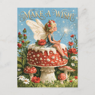 Carte Postale Fée de fantasy "Faire un vœu" sur un champignon 