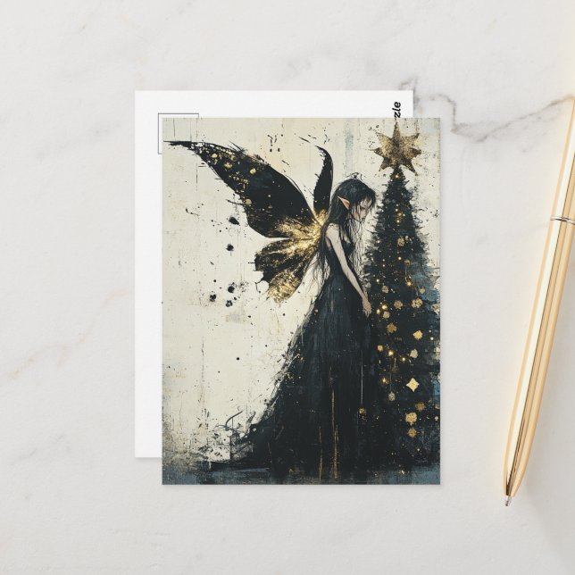 Carte Postale Fée de Noël de fantasy adorable (Devant/Arrière en situation)