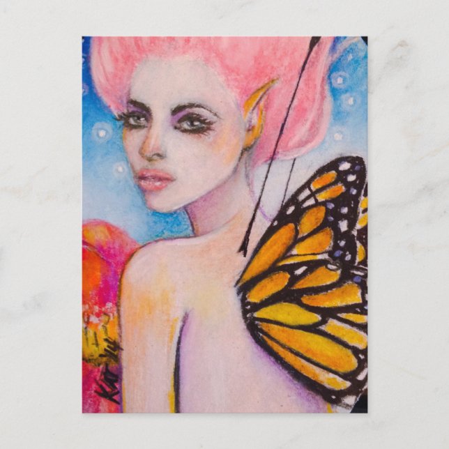 Carte Postale Fée de papillon monarque avec Héritier rose (Devant)