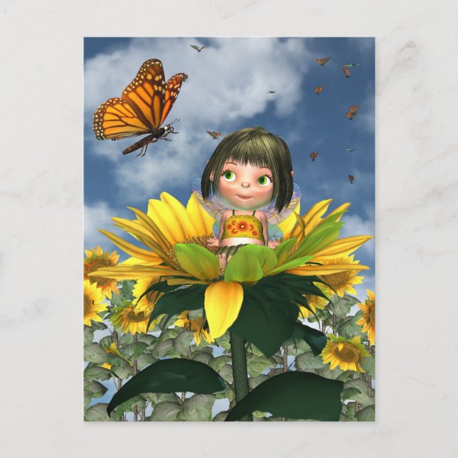 Carte Postale Fée de tournesol bébé avec Arrière - plan d'été (Devant)