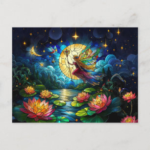 Carte Postale Fée de Vol au Clair de Lune en Vitrail