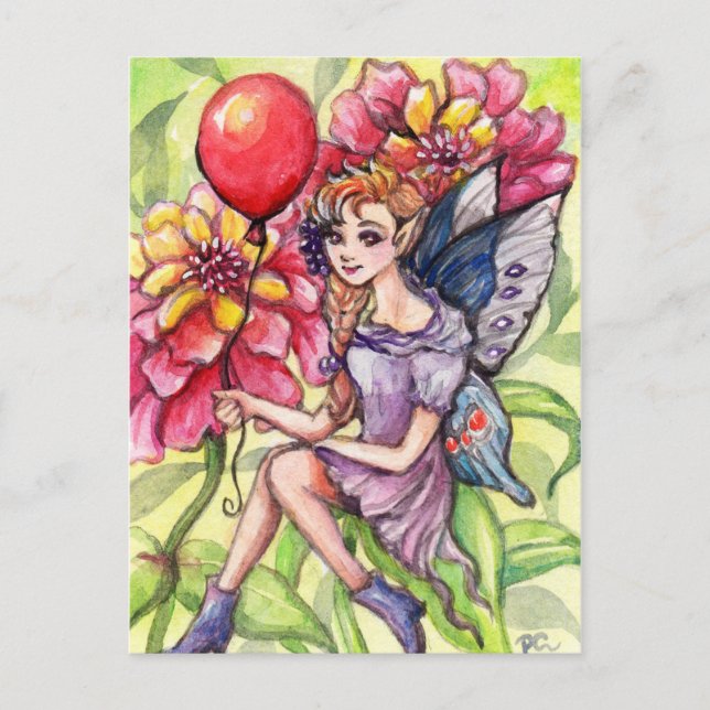 Carte Postale Fée de Zinnia avec ballon rouge (Devant)