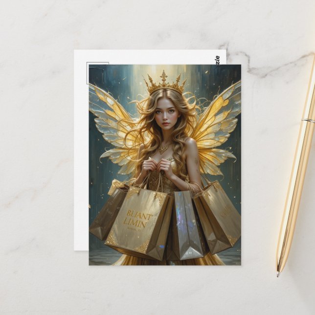 Carte Postale Fée en plein shopping (Devant/Arrière en situation)