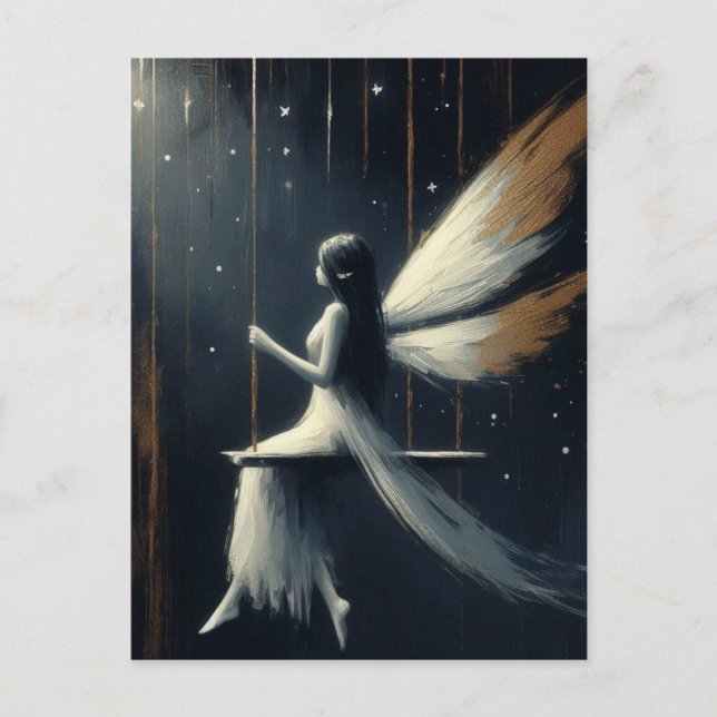 Carte Postale Fée en robe blanche sur une balançoire Fantaisie a (Devant)
