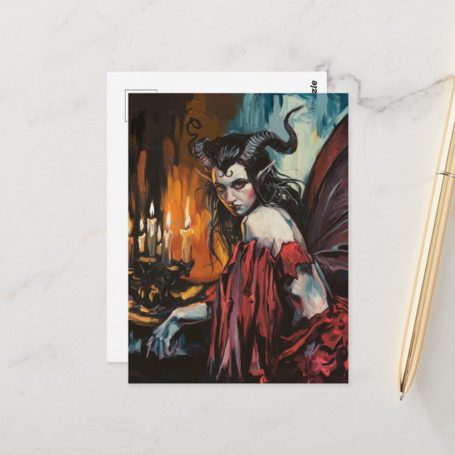 Carte Postale Fée en robe rouge Dark Fantasy (Devant/Arrière en situation)