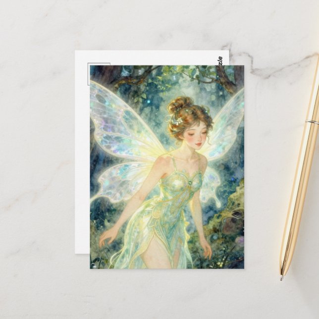 Carte Postale Fée en robe verte (Devant/Arrière en situation)