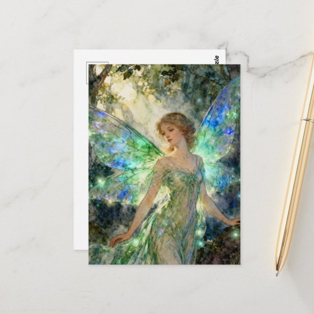 Carte Postale Fée en robe verte (Devant/Arrière en situation)