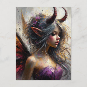 Carte Postale Fée en robe violette avec des cornes d'art fantast