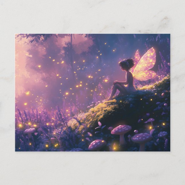 Carte Postale Fée enchantée assise dans une forêt magique (Devant)