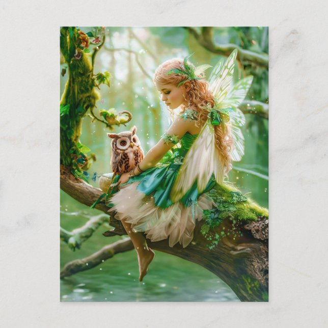 Carte Postale Fée Enchanteresse avec Hibou en Forêt (Devant)