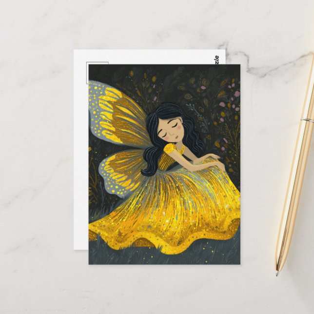 Carte Postale Fée endormie dans une robe jaune (Devant/Arrière en situation)