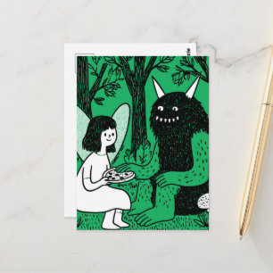 Carte Postale Fée et monstre mignon, fête de pizza dans les bois