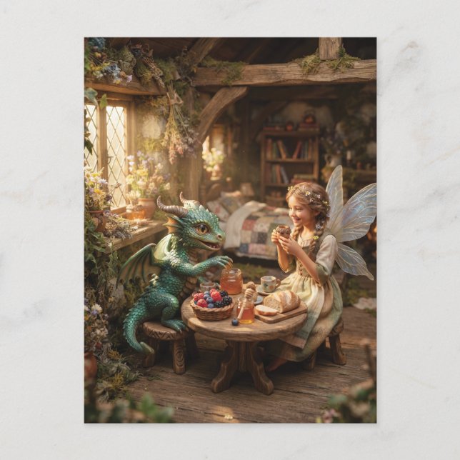 Carte Postale Fée et petit dragon vert prenant le thé (Devant)