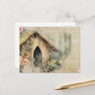 Carte Postale Fée et sa maison de jardin aquarelle vintage