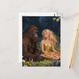 Carte Postale Fée et Sasquatch mangent une pizza dans les bois