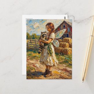 Carte Postale Fée et son raton laveur de compagnie dans une ferm
