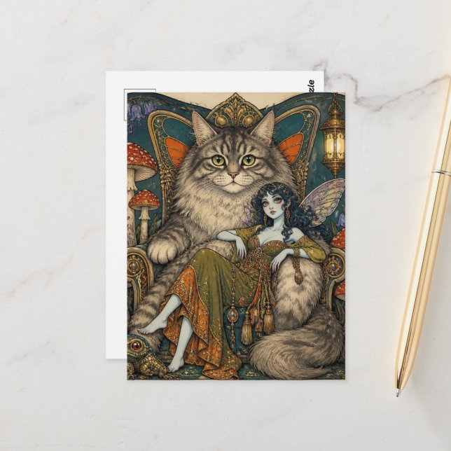 Carte Postale Fée et trône de son chat géant (Devant/Arrière en situation)