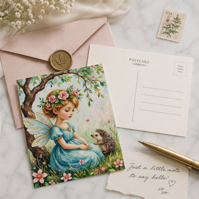 Carte Postale Fée Fantaisiste avec Hérisson dans un Jardin Encha (Créateur téléchargé)