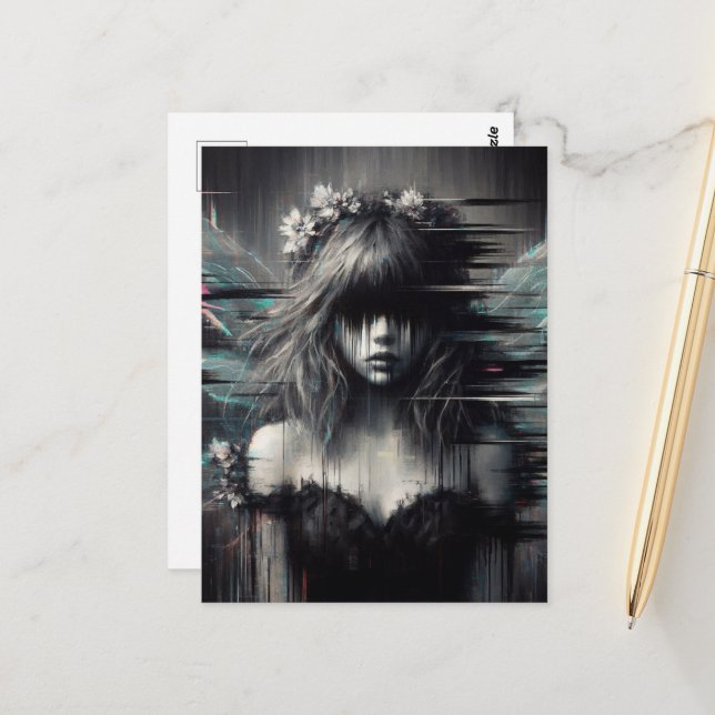 Carte Postale Fée Glitch avec des fleurs dans ses cheveux (Devant/Arrière en situation)