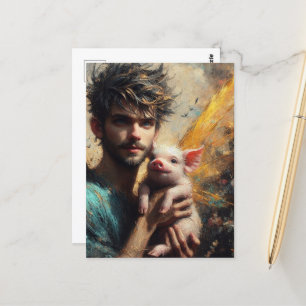 Carte Postale Fée Homme Avec Bébé Cochon