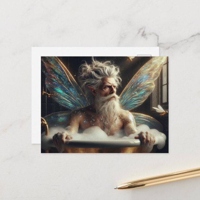 Carte Postale Fée homme Grey Cheveux dans le Bubblebath (Devant/Arrière en situation)