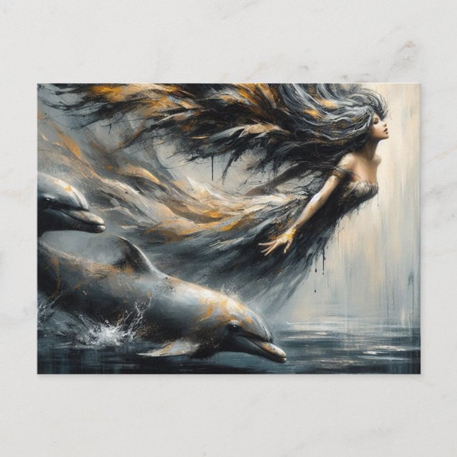 Carte Postale Fée Jouant Avec Des Dauphins (Devant)