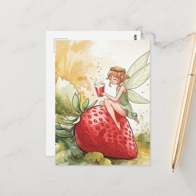 Carte Postale Fée mignonne avec verre de fraise Punch Imaginaire (Devant/Arrière en situation)