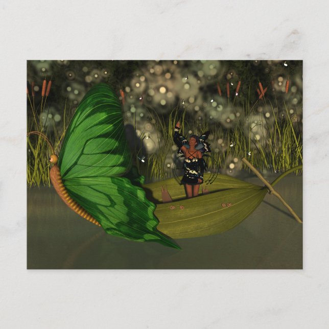Carte Postale Fée mignonne en bateau avec lucioles (Devant)