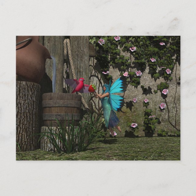 Carte Postale Fée mignonne nourrissant un oiseau (Devant)