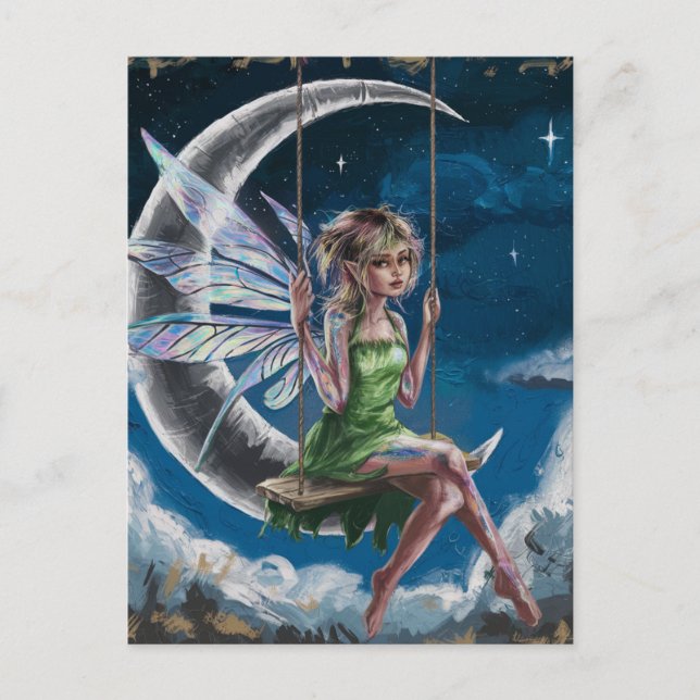 Carte Postale Fée mignonne se balançant devant la lune (Devant)