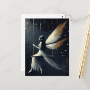 Carte Postale Fée nocturne sur une balançoire en robe blanche
