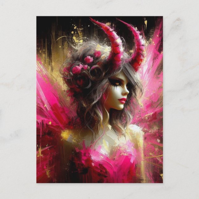 Carte Postale Fée rose Avec Cornes Imaginaire foncé Art (Devant)