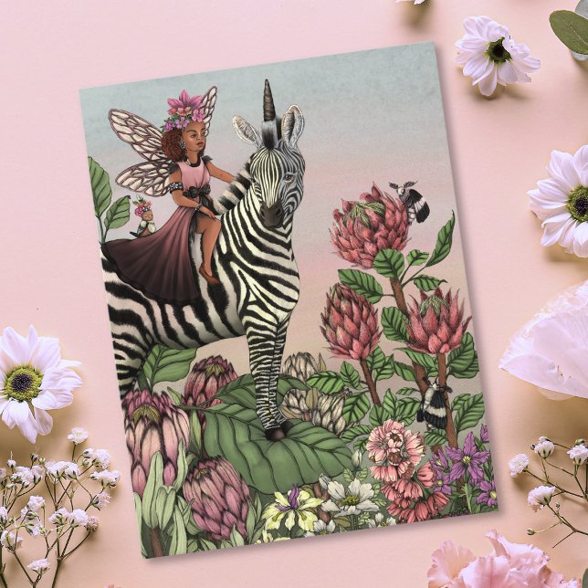 Carte Postale Fée rose mignonne sur Zebra Unicorn Floral Art (Créateur téléchargé)
