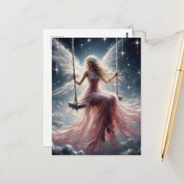 Carte Postale Fée sur une aile en robe rose (Devant/Arrière en situation)
