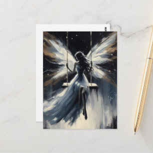 Carte Postale Fée sur une balançoire en robe blanche
