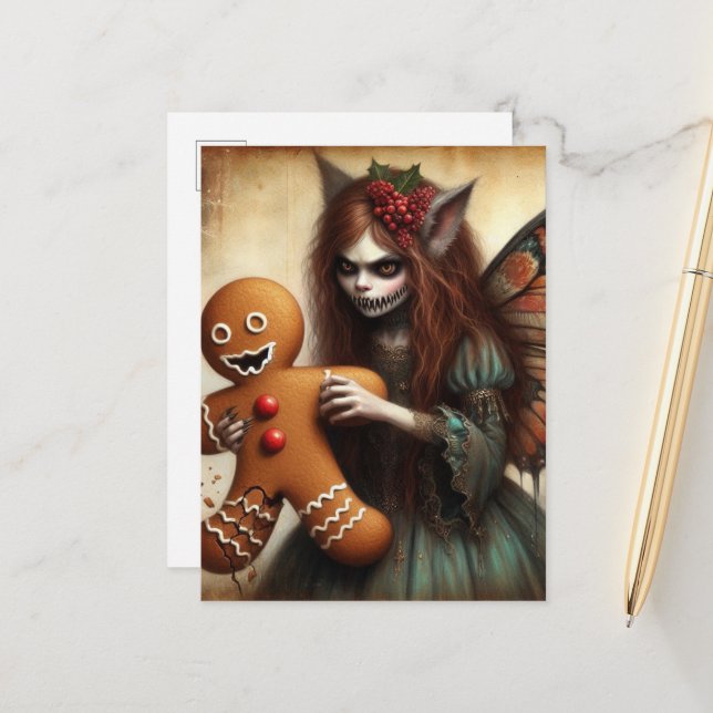Carte Postale Fée vampire de Noël au pain d'épice (Devant/Arrière en situation)