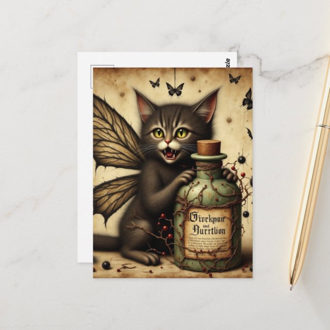 Carte Postale Fée Vampire Kitty et une bouteille de poison (Devant/Arrière en situation)